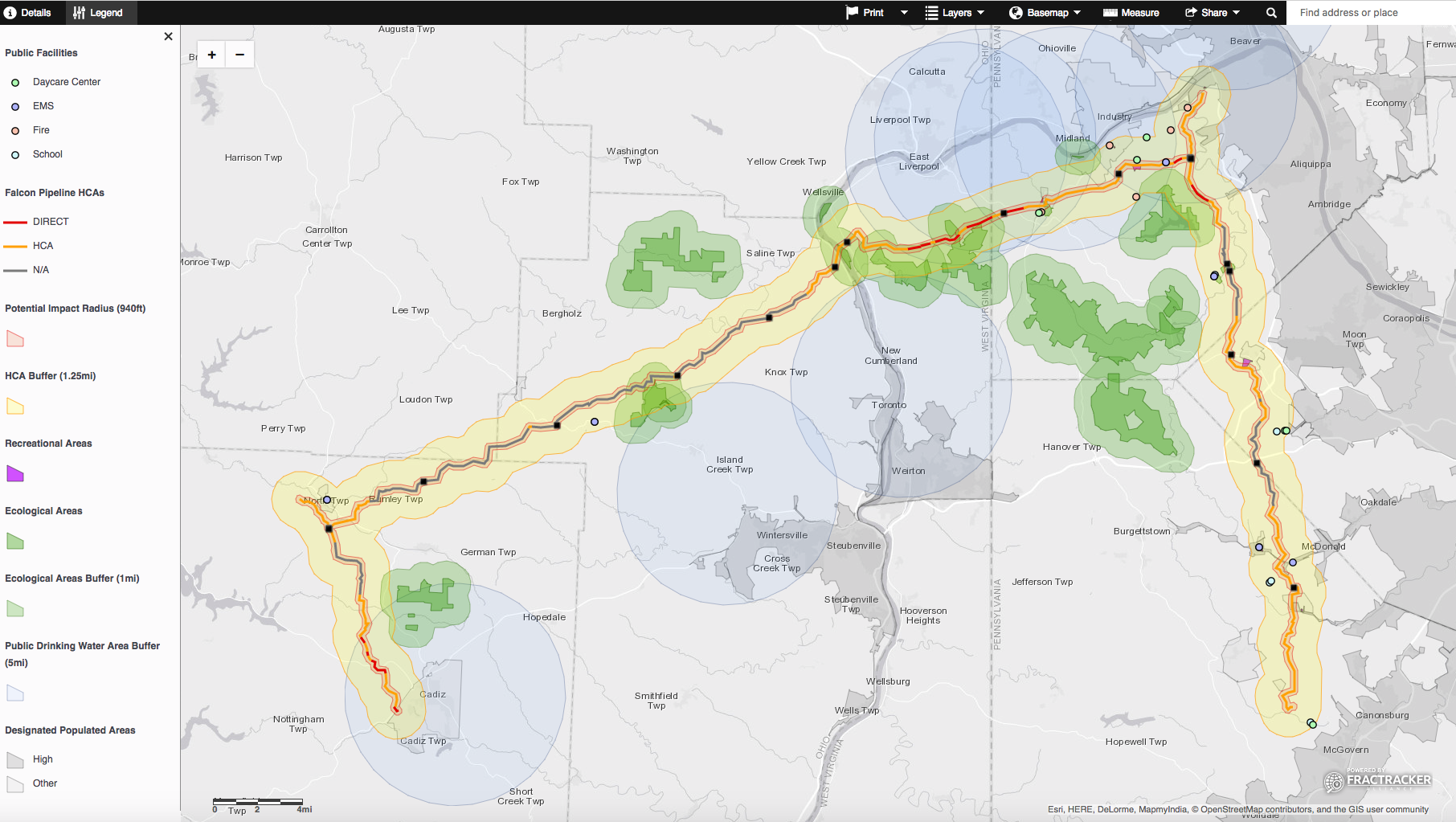 FracTracker interactive map showing Falcon pipeline path and high consequence areas around it