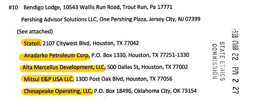 Gene Yaw 2017 financial disclosure shows Statoil, Anadarko, Alta Marcellus, Mitsui E&P, and Chesapeake lease his land to drill