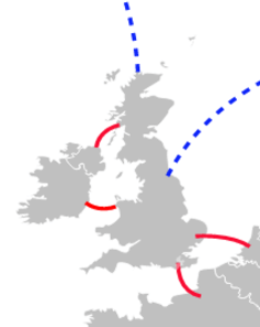 Undersea ‘interconnectors’ link the UK with France, Ireland and the Netherlands. (Proposed links with Iceland and Norway are in blue).