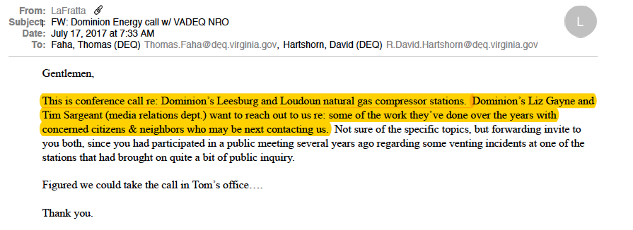 Internal Virginia DEQ email discussing a meeting between officials and Dominion