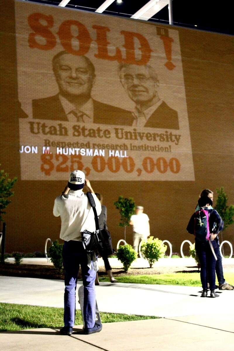 Projection of Koch investments at Utah State University on a campus building