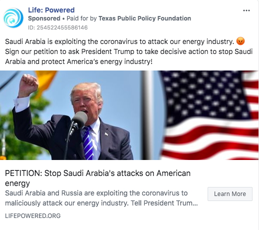 Life:Powered Facebook ad about oil price war