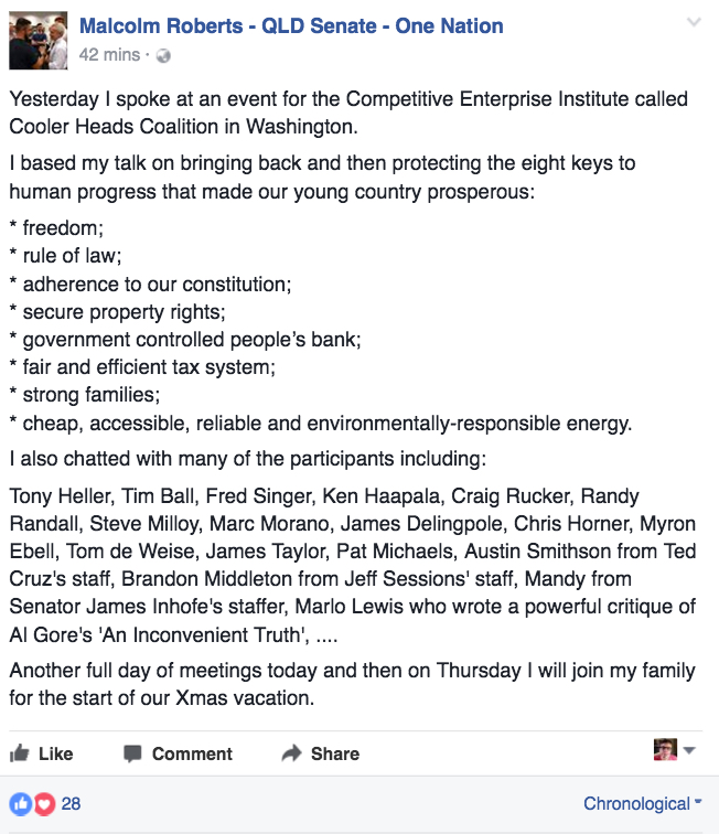 Malcolm Roberts Facebook Post