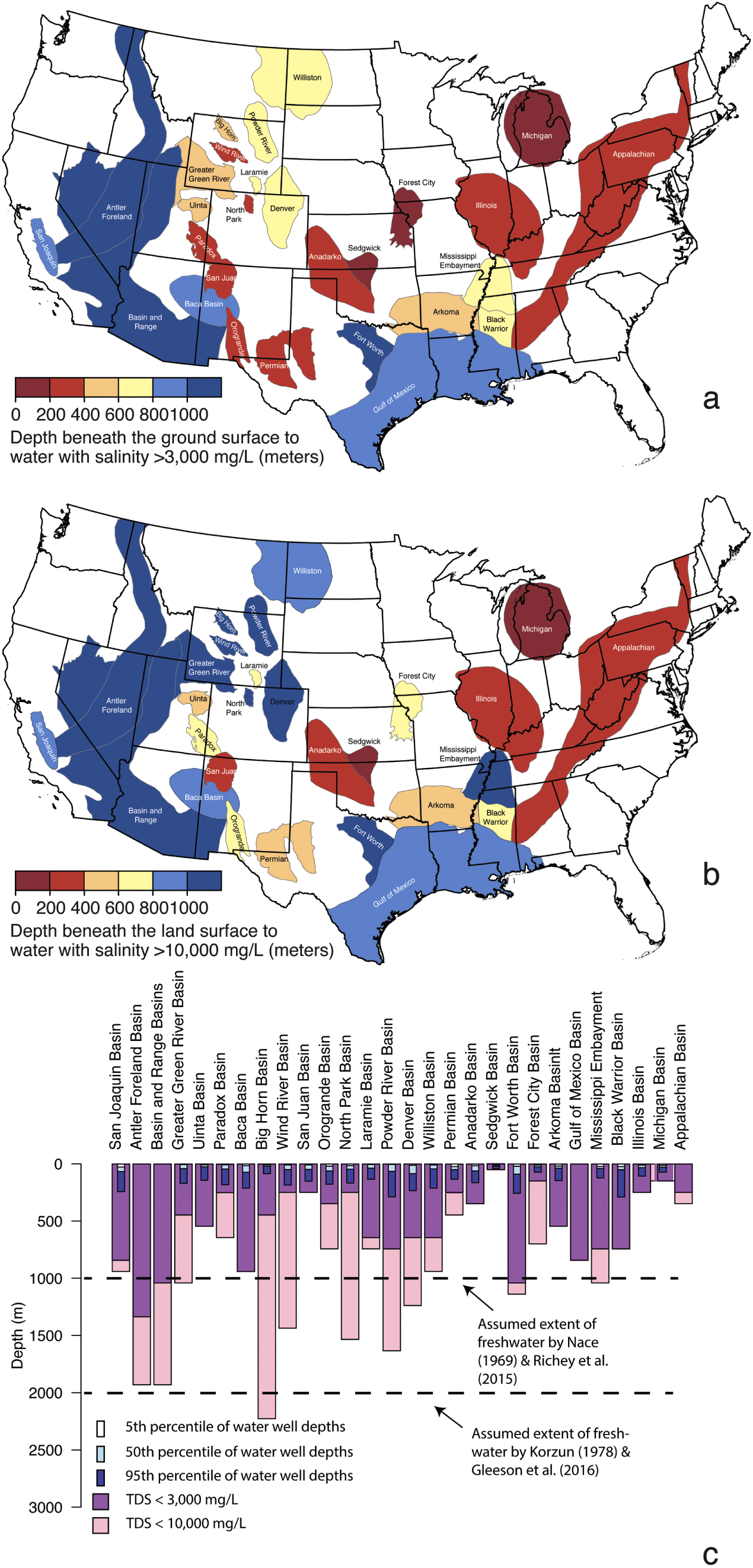 Maps of U.S. aquifer depths to high-salinity water