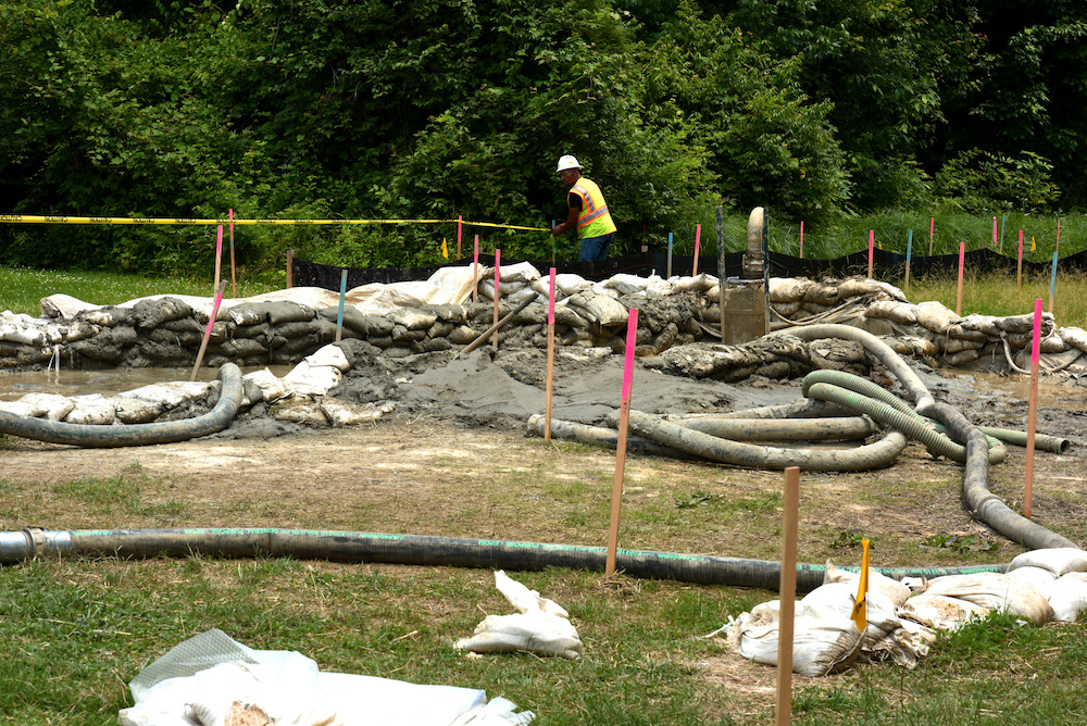 Drilling mud release on Mariner East 2 pipeline construction route in June 2018.