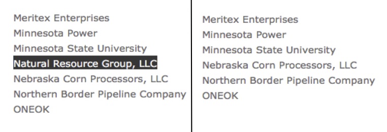 Natural Resource Group, LLC highlighted on Merjent client list on left and missing on right.