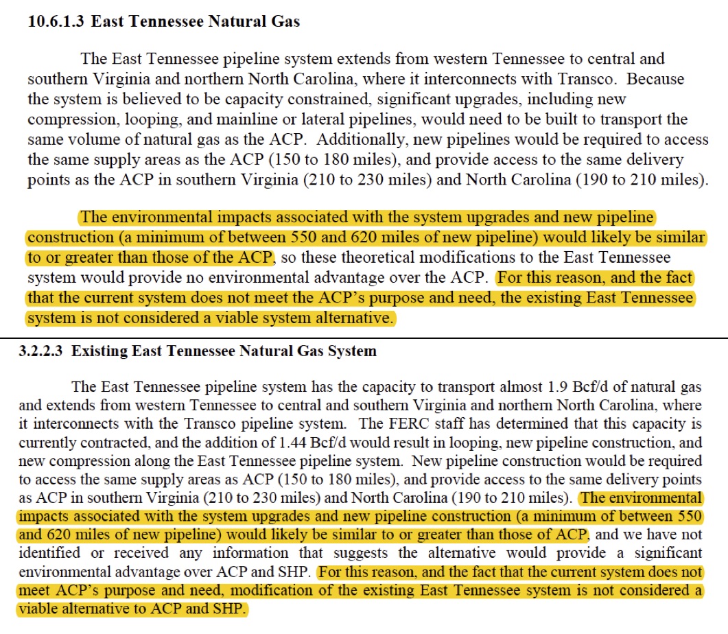 Top, Natural Resource Group's Resource Report text on pipeline alternatives, and bottom, FERC and Merjent's DEIS text with identical wording highlighted.