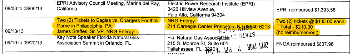 Rob Powelson's financial disclosure from 2013 shows two NFL football game tickets gifted from NRG Energy