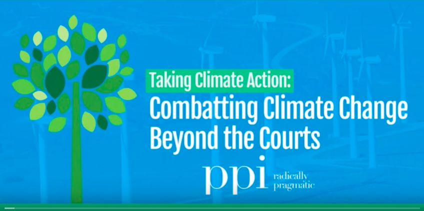 Progressive Policy Institute banner for an event hosted by Phil Goldberg on combatting climate change beyond the courts