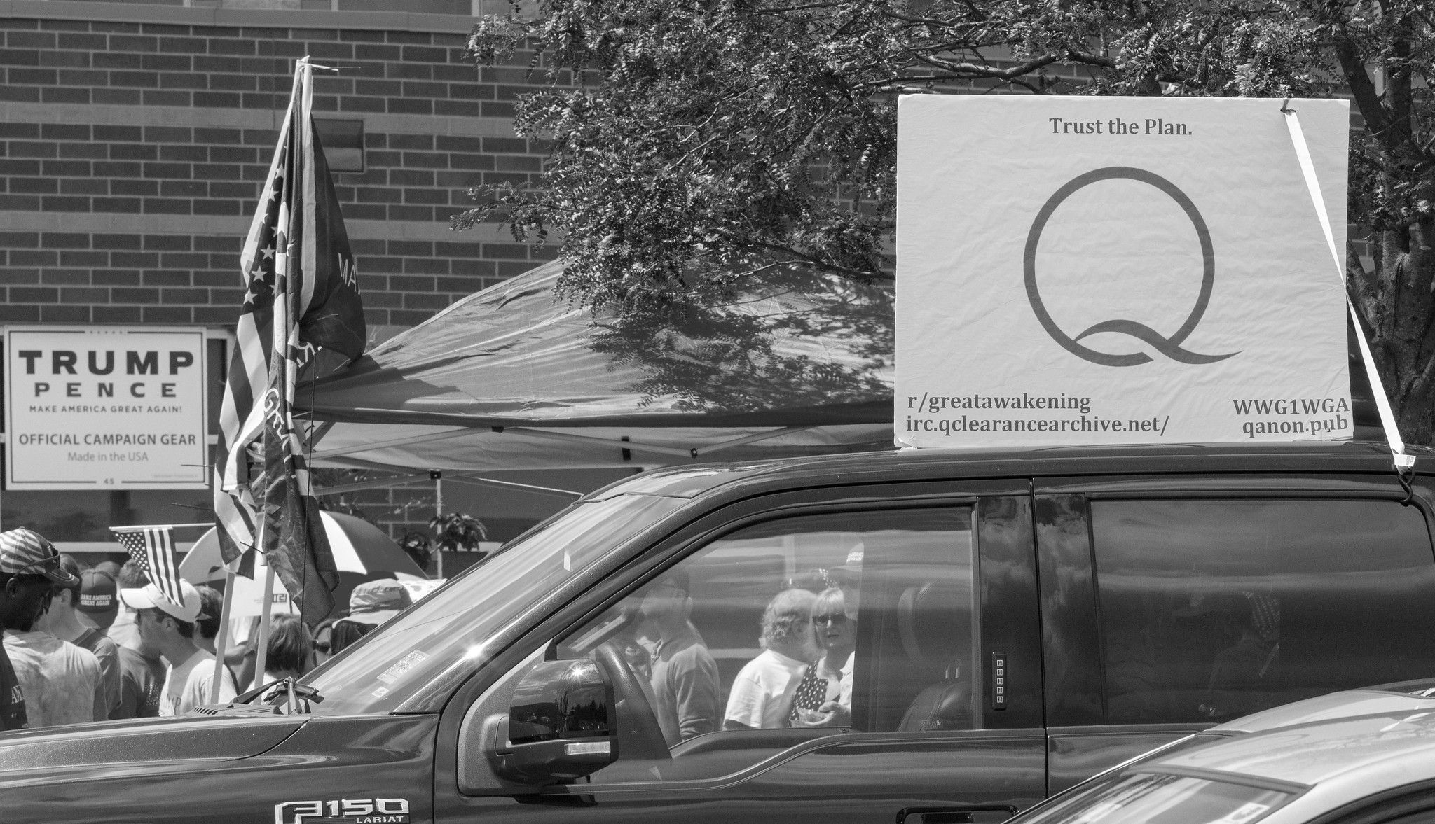 QAnon sign on a truck at a Trump rally in Columbus, OH, in August 2018