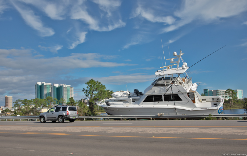 Boat washed up in a street in Orange Beach, Alabama, after Hurricane Sally.