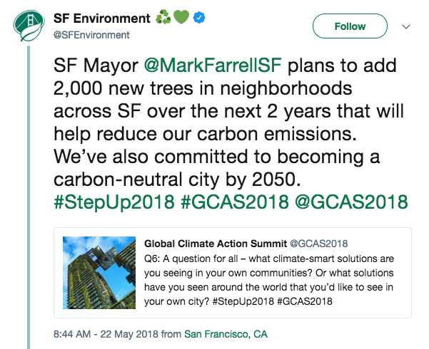 Tweet from San Francisco city environment account about the mayor's tree-planting climate initiative