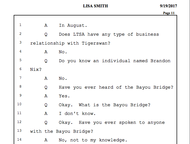Lisa Smith's deposition in which she denies her company LTSA has any relationship with TigerSwan