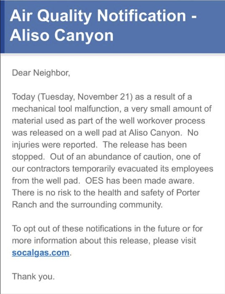 SoCalGas notification of air quality issue from Aliso Canyon to residents nearby