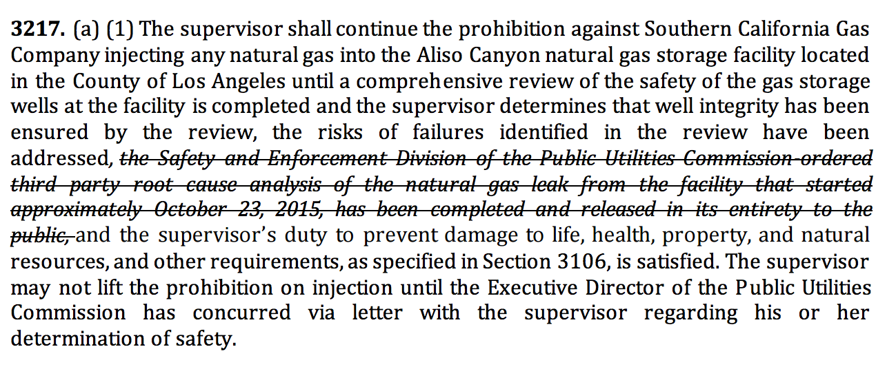 Language in SB57 requiring a root cause analysis of the Aliso Canyon methane leak's cause is crossed out