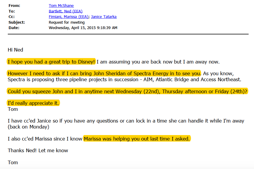 Spectra lobbyist Tom McShane emails Massachusetts official Ned Bartlett requesting a meeting and referencing his Disney vacation.