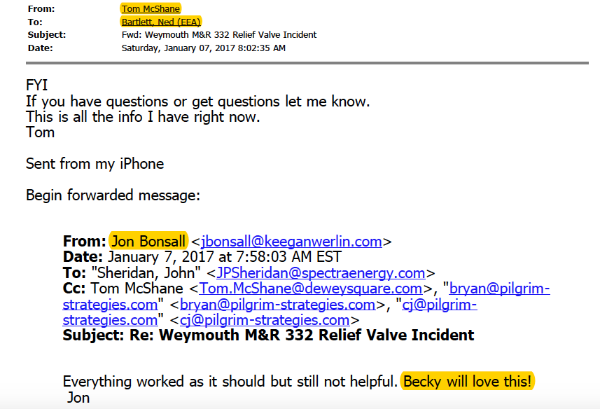 Spectra lobbyist Tom McShane's email to Ned Bartlett reveals an apparently snarky reference to Weymouth official Becky Haugh