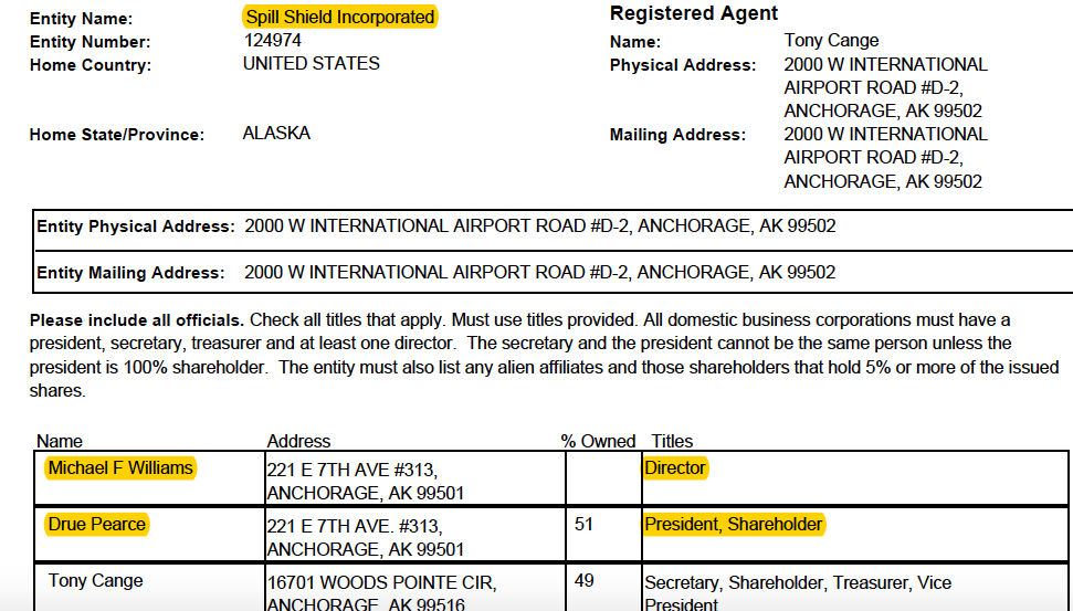 Business filings for Spill Shield Inc. showing the involvement of Drue Pearce and Michael Williams