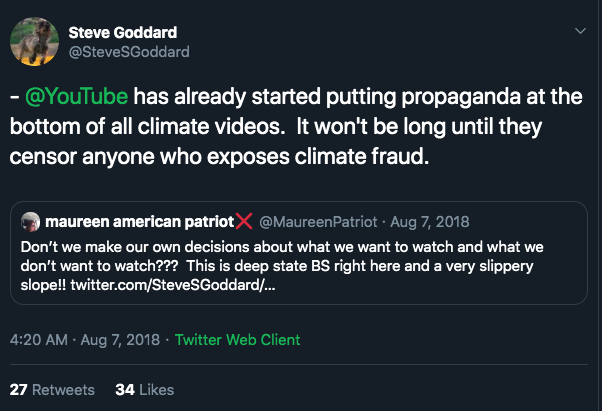 Steven Goddard tweet about YouTube's changes on misinformation