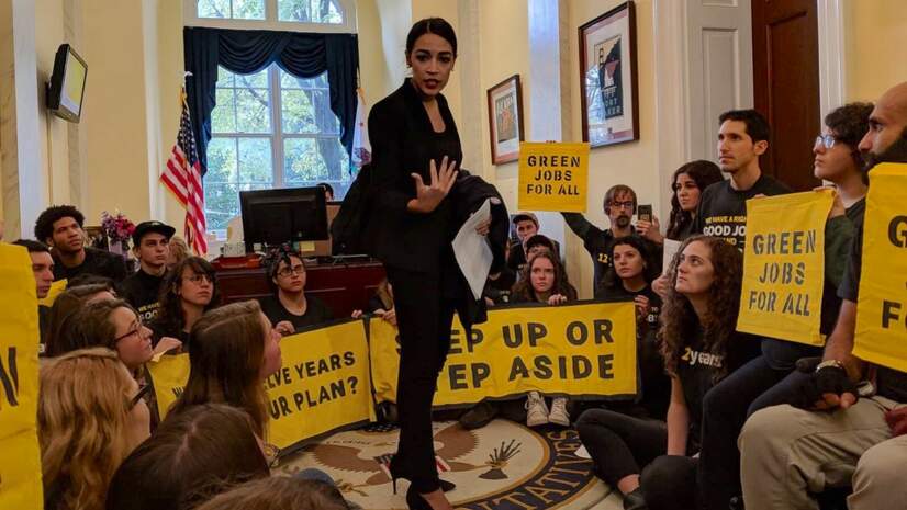 Rep.-elect Alexandria Ocasio-Cortez speaking to the Sunrise Movement and Green New Deal supporters