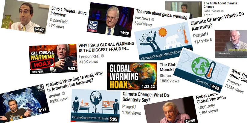Screen shots of climate science denial videos on YouTube.