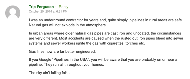 William 'Trip' Ferguson comments in support of the Atlantic Coast pipeline on a blog post in 2014