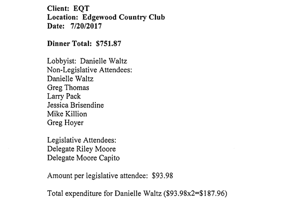 EQT lobbyist Danielle Waltz bought state legislators $94 lunches at a country club in July 2017
