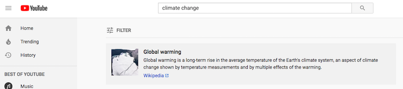 Screen shot of YouTube's link to the Wikipedia entry on 'global warming' above a search for 'climate change'